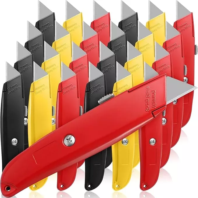 Reginary 30 Pcs Box Cutter Bulk Retractable Blade Utility Knife Heavy Duty Aluminum Alloy Razor Shell Knife for Cartons, Cardboard and Boxes, DIY, Factory, Home(Yellow)