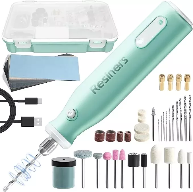 Resiners Cordless Rotary Tool Kit, Electric Resin Drill & Polishing Kit, 5-Speed Adjustable, 54pcs Jewelry Making Kit, Professional Machine for Resin Molding, Manicure, Wooden DIY Crafts