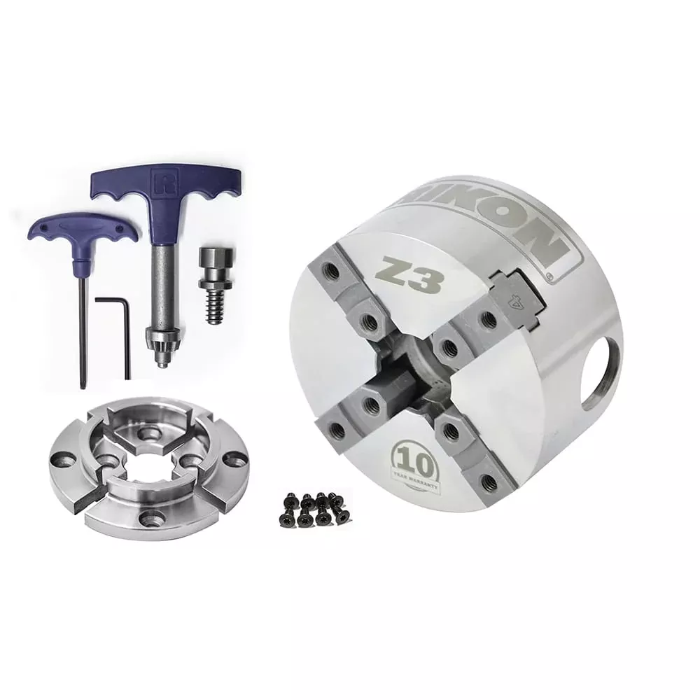 RIKON Z3 Chuck, 50mm Jaw, Wood Screw & Chuck Key - Insert Thread
