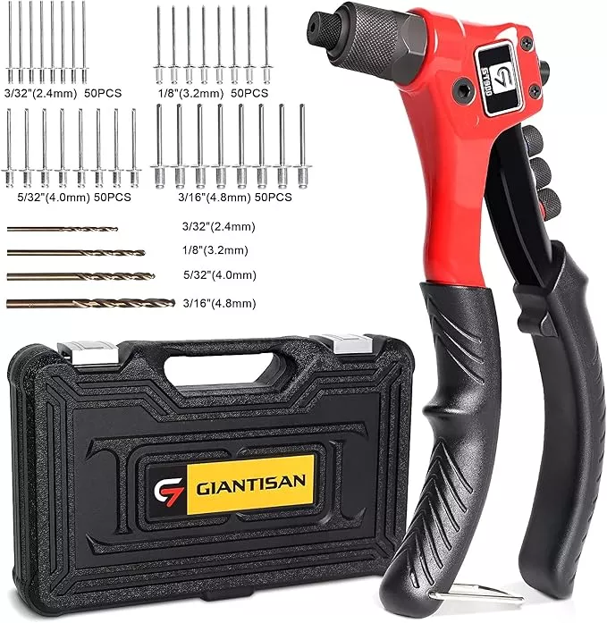 Rivet Gun, GIANTISAN Pop Rivet Tool Kit with 200 Rivets and 4 Drill Bits, Manual Hand Riveter Kit with Rugged Carrying Case