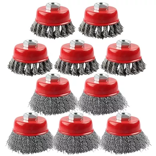 Rocaris 10 Pack Wire Cup Brush for Grinders, Wire Wheels for 4 1/2 Angle Grinder, 3 Twisted Knotted & Coarse Crimped Cup Brush