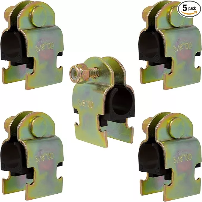 Rubber Cushion Strut Clamp 1/2" NOM (5/8" OD) for Mounting Copper Piping, PEX Pipe, CVPC Tubing to Strut Channels [5 Pack] Yellow Chromate Zinc