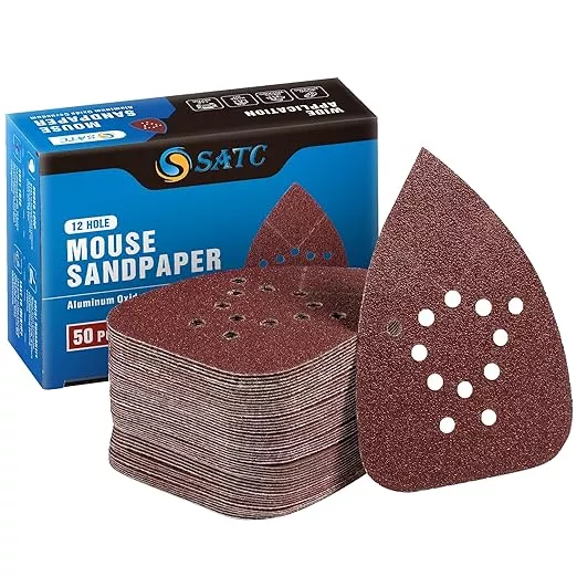 S SATC Mouse Detail Sander Sandpaper 50 PCS Mouse Sanding Pads 12 Hole Mouse Sandpaper Assorted 60/80/120/150/220 Grits