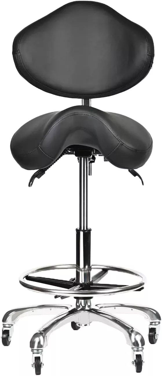 Saddle Stool Rolling Chair Tall with Backrest Foot Rest Hydraulic Swivel Adjustable Height Ergonomic Tilt Thick Seat with Casters for Dental Hygienist Eyelash Technician Hairstylist Black