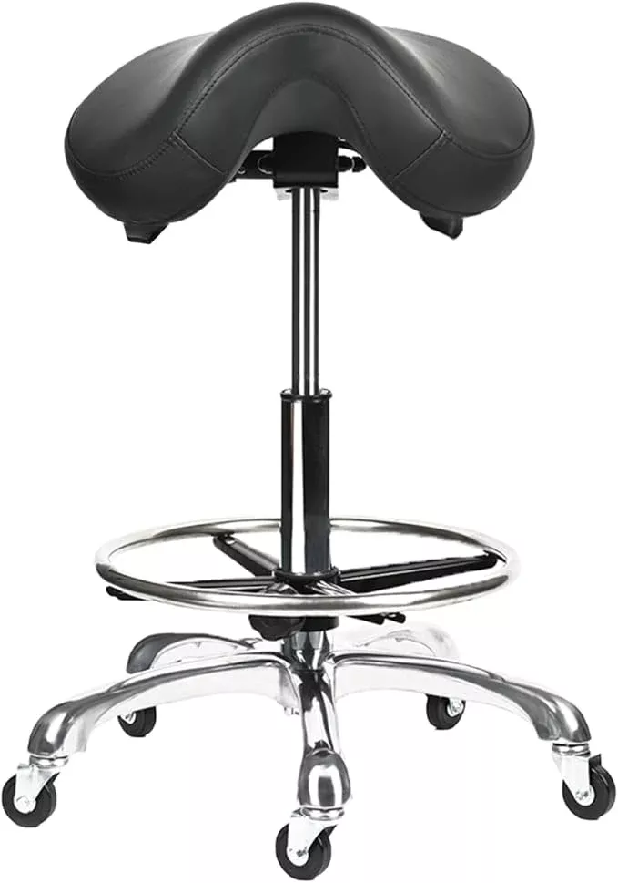 Saddle Tilting Stool Rolling Chair with Thicker Seat Swivel Ergonomic Height Adjustable Footrest Wheels for Beauty Spa Salon Dental Medical Clinic Kitchen Home Office Shop Bar Black