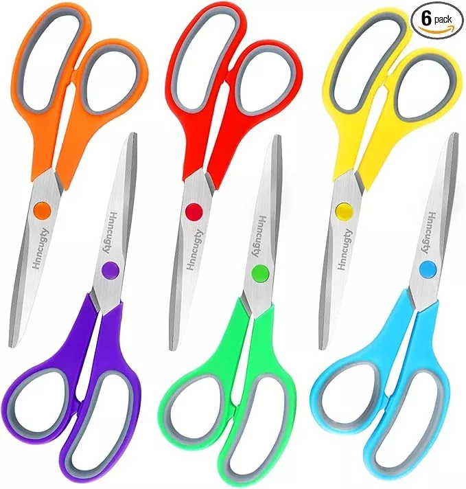 Scissors, Hnncugty 8" Scissors All Purpose Bulk Set of 6-Pack, Sharp Shears for Office Home Craft Sewing Fabric, High/Middle School Supplies Student Teacher Supplies, Comfort Grip Right/Left Handed