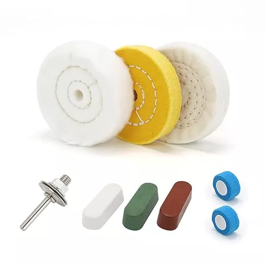 SCOTTCHEN 3inch Buffing Polishing Wheel with 1/4" Shank for Drill, 3/8" Arbor Hole,Soft/Fine/Medium -3pcs,with Buffing Polishing Cutting Compounds 7.4 Oz.Kit,with 2 Pack Non-Woven Bandage