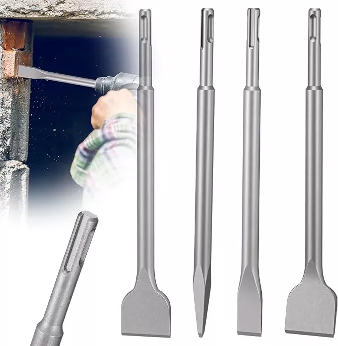 SDS Plus Chisel Set for Rotary Hammer Drills, 4 PCS SDS Chisel Set Includes Point, Flat, Scaling, Tile, 40Cr Steel, Hammer Drill Bits for Brick, Concrete, Block, Masonry