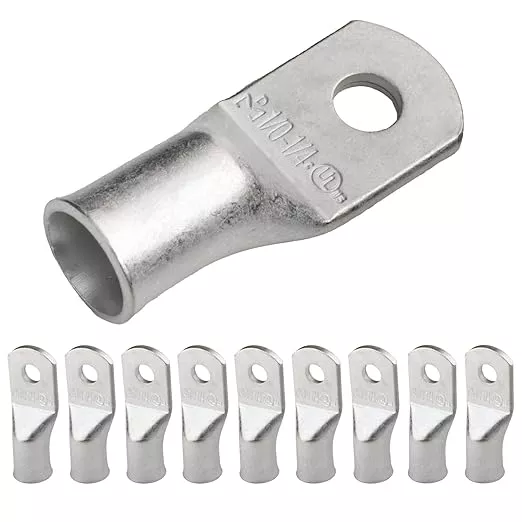 SELTERM 10pcs 1/0 AWG-1/4 Stud Tinned Copper Wire Lugs, Heavy Duty Cable Ends, 0 Gauge Ring Terminals, UL Battery Lugs Marine Grade Copper Eyelets Electrical Terminal Connectors