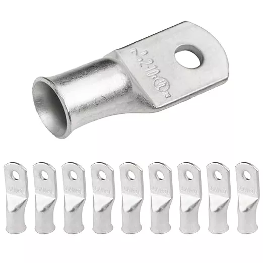 SELTERM 10pcs 2 AWG-#10 Stud Tinned Copper Wire Lugs, Heavy Duty Battery Cable Ends,2 Gauge Ring Terminals, UL Battery Lugs Marine Grade Copper Eyelets Electrical Battery Terminal Connectors