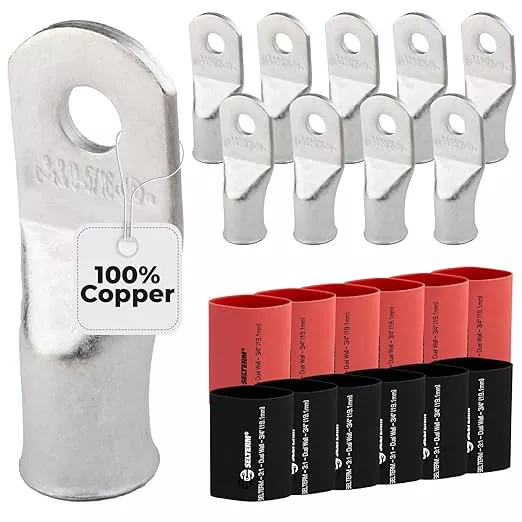 SELTERM 10pcs - 3/0 Awg - 5/16" Stud - Battery Lugs - Ring Terminal Connectors with 12pcs 3:1 Black & Red Heat Shrink Tubing with Adhesive | Heavy Duty Battery Cable Ends - Tinned Copper Wire Lugs Kit