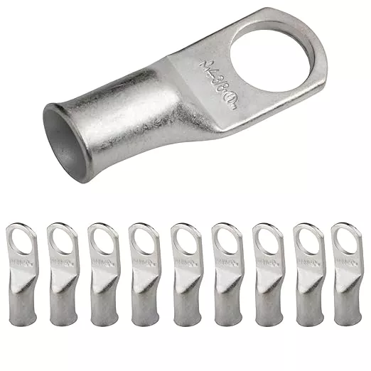 SELTERM 10pcs 4 AWG-3/8 Stud Tinned Copper Wire Lugs, Heavy Duty Battery Cable Ends,4 Guage Ring Terminals, UL Battery Lugs Marine Grade Copper Eyelets Electrical Battery Terminal Connectors