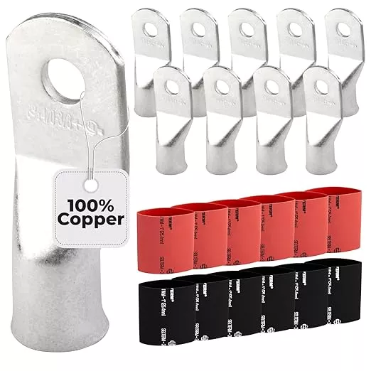 SELTERM 10pcs - 4 Awg (XL) 3/8" Stud Battery Lugs - Ring Terminal Connectors with 12pcs 3:1 Black & Red Heat Shrink Tubing with Adhesive, Heavy Duty Battery Cable Ends - Tinned Copper Wire Lugs Kit