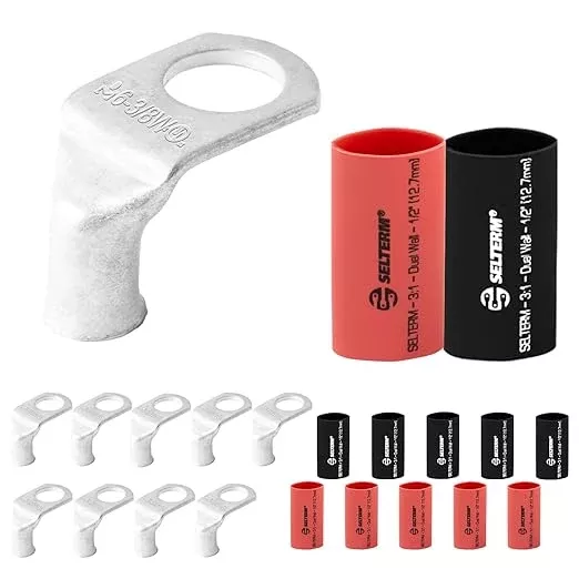 SELTERM 10pcs - 6 AWG 3/8" (Wide Pad) Stud- 90° Bent Battery Lugs- Ring Terminal Connectors with 12pcs 3:1 Black & Red 1/2" Heat Shrink Tubing - Heavy Duty Cable Ends- Tinned Copper Wire Connector Kit