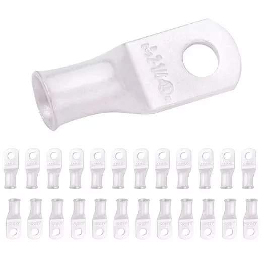 SELTERM 25pcs 2 AWG 1/4" Stud Marine Grade Tinned Copper Battery Cable Lugs, 2 Gauge Ring Terminals, UL Wire Lugs Electrical Battery Cable Ends, Tinned Copper Lugs Battery Terminal Connectors