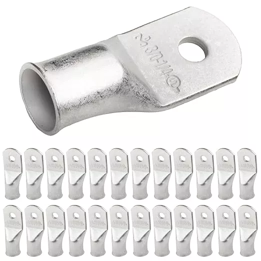 SELTERM 25pcs 3/0 AWG 1/4" Stud Marine Grade Tinned Copper Battery Cable Lugs, 000 Gauge Ring Terminals, UL Wire Lugs Electrical Battery Cable Ends, Tinned Copper Lugs Battery Terminal Connectors