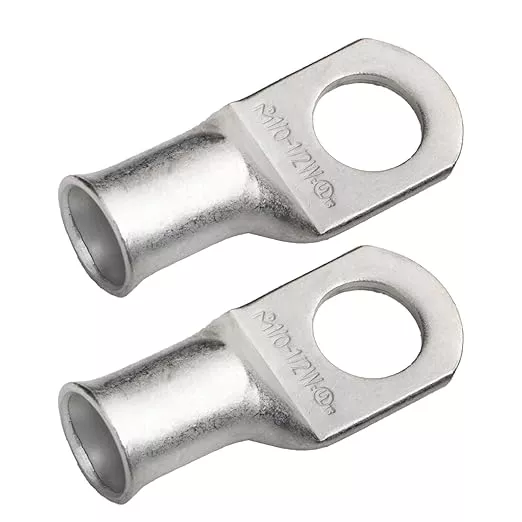 SELTERM 2pcs 1/0 AWG 1/2" Stud Tinned Copper Wire Lugs, Battery Lugs, Ring Terminals, Battery Cable Ends, 0 Gauge Ring Terminal Connectors, UL Marine Grade Electrical Battery Terminal Connectors