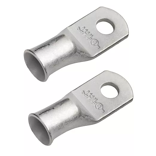 SELTERM 2pcs 1 AWG 1/4" Stud Tinned Copper Wire Lugs, Battery Cable Ends, Ring Terminals, 1 Gauge Terminal Connectors, UL Marine Grade Electrical Connectors