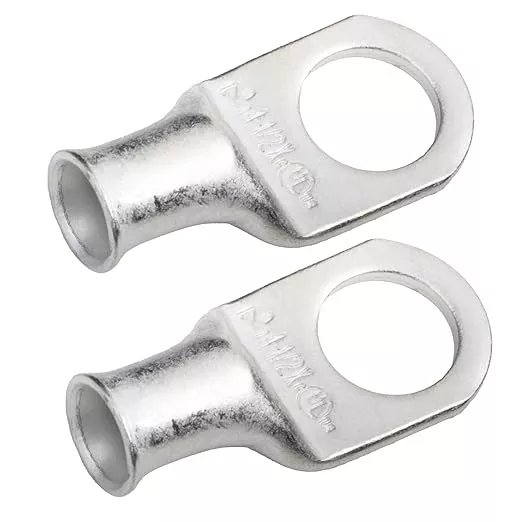 SELTERM 2pcs 4 AWG-1/2 Stud Tinned Copper Wire Lugs, Heavy Duty Battery Cable Ends,4 Guage Ring Terminals, UL Battery Lugs Marine Grade Copper Eyelets Electrical Battery Terminal Connectors