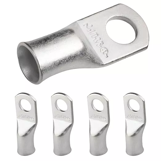 SELTERM 5pcs 1/0 AWG 3/8" Stud Tinned Copper Wire Lugs, Battery Lugs, Ring Terminals, Battery Cable Ends, 0 Gauge Ring Terminal Connectors, UL Marine Grade Electrical Battery Terminal Connectors