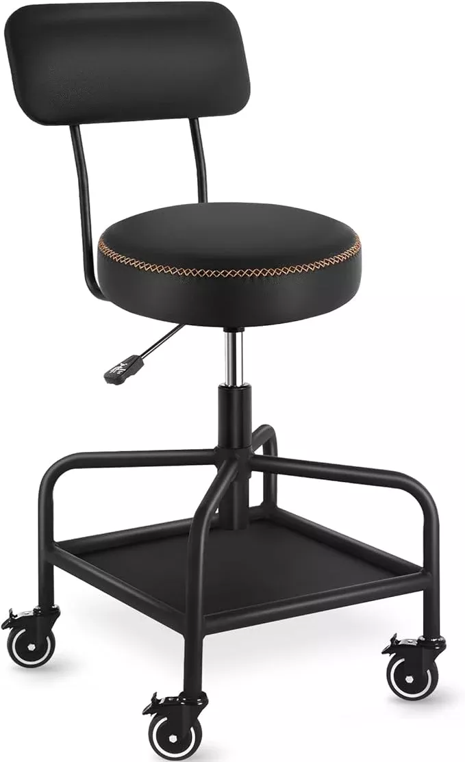 Shop Stool with Lockable Rubber Wheels Adjustable Backrest Tool Tray Storage 400 lb Capacity Rolling Garage Stool (Black)