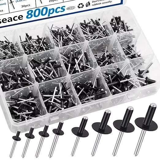 smseace 800pcs Black Pop Rivets with Large Flange Rivets Assortment Kit 7-Sizes Black Rivets with Large Head(1/8" 3/16" 1/4") 8-Sizes Small Rivets (3/32" 1/8" 5/32" 3/16") Pop Rivets Assortment kit