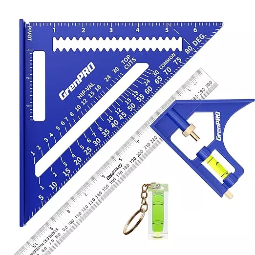 Square Combination Woodworking Tools, 7inch Carpenter Square Wood Working Tools and Accessories, 12inch Square Ruler, Includes Small Bubble Level, Protractor Angle Ruler Carpentry Tool
