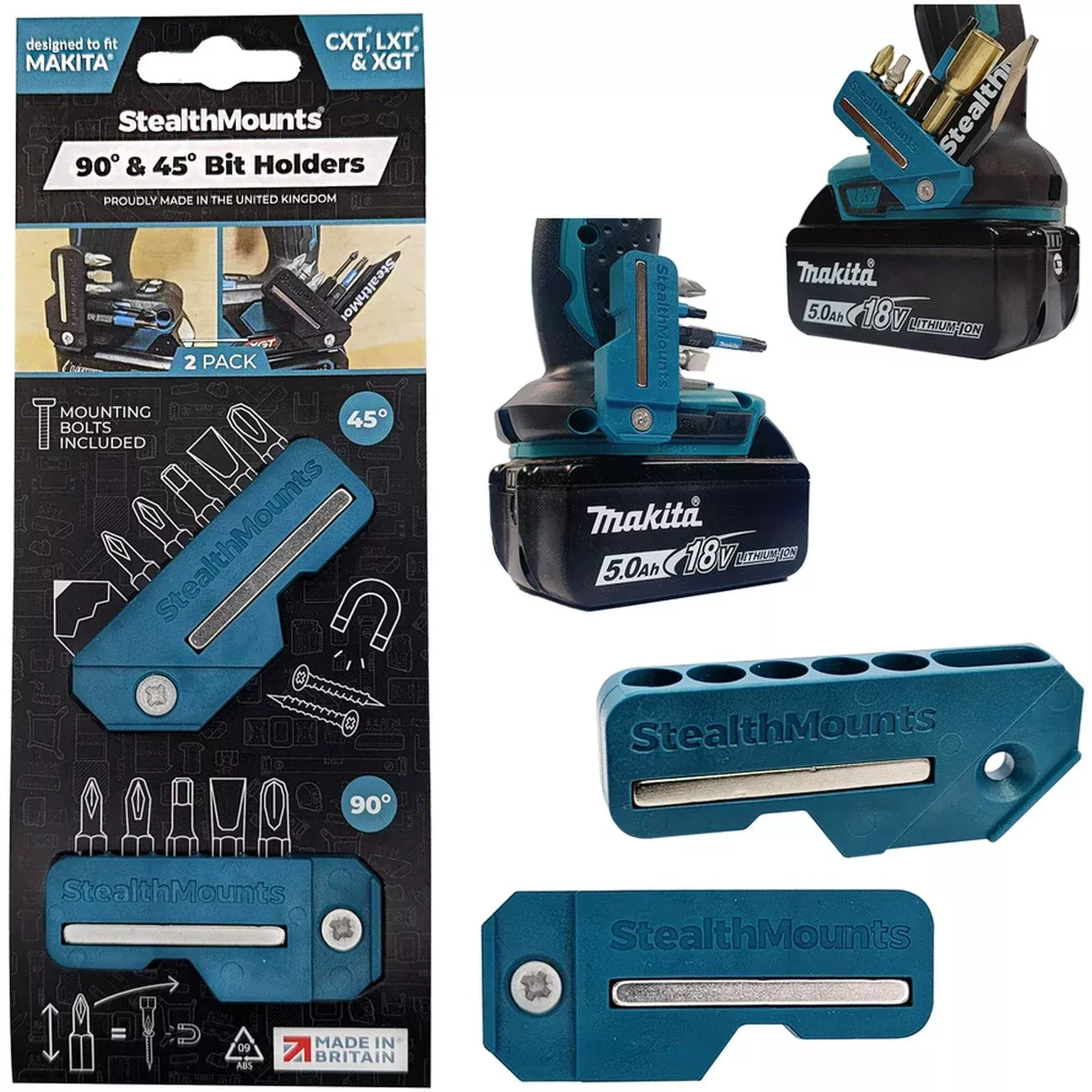 StealthMounts 45° & 90° Magnetic Bit Holder for Makita CXT, LXT & XGT Tools, 2-Pack