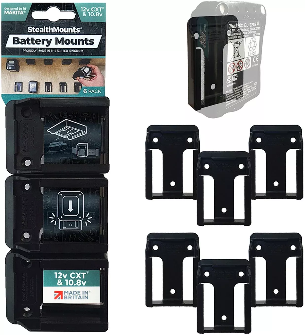 StealthMounts Battery Mounts for Makita 10.8V / 12V CXT Black, 6-Pack