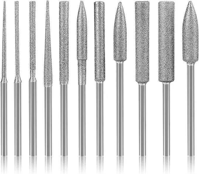 Stone Carving Set Diamond Burr Bits Compatible with Dremel, 11PCS Polishing Kits Rotary Tools Small Long Cone Accessories with 1/8’ Shank For Carving, Engraving, Grinding, Stone, Rocks, Jewelry, Glass