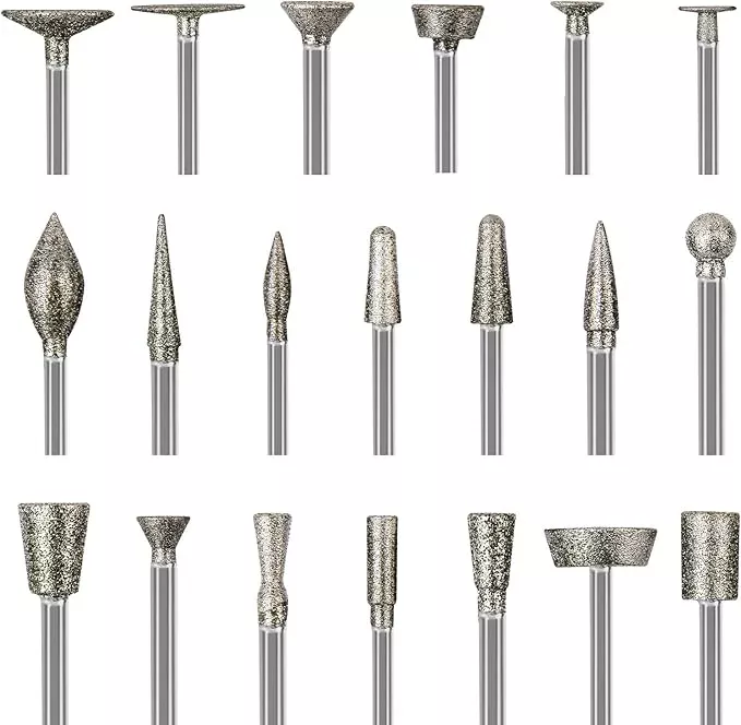 Stone Carving Set Diamond Burr Bits Compatible with Dremel, 20PCS Polishing Kits Rotary Tools Accessories with 1/8’ Shank for Carving, Engraving, Grinding, Stone, Rocks, Jewelry, Glass, Ceramics