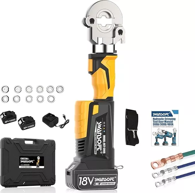 SWANSOFT Electric Hydraulic Crimping Tool,6Ton 6AWG-600MCM Rechargeable Hydraulic Crimper for Cu/Al Terminal, Crimp 20000 Times Wire Cable Lug Crimping Tool Kit (300B)