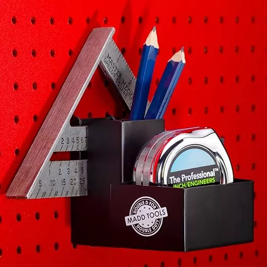 Tape Measure Holder for Pegboard - Includes Pencil Box and Carpenter Square Triangle Holder – Black Pegboard Organizer Accessories with Heavy Duty Peg Board Hooks - 16 Gauge Steel
