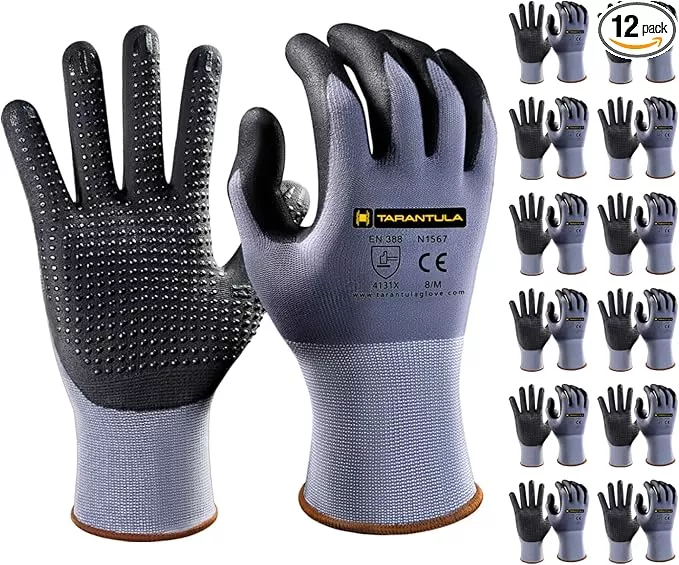 Tarantula Safety Work Gloves MicroFoam Nitrile Coated 12 Pairs,Endurance Seamless Knit Nylon,Dots on Palm,Dot Grip Gloves,Small