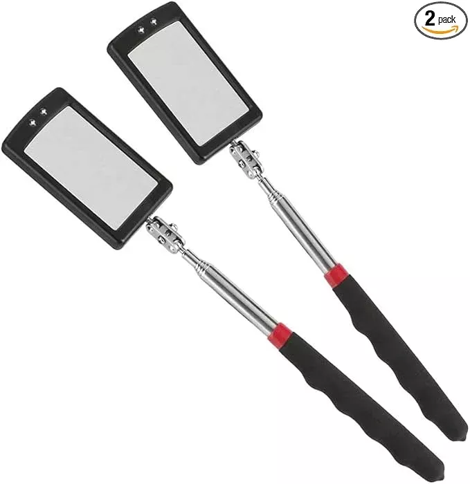 Telescoping Inspection Mirror Mechanics Mirror with 2 LED Lighted, Mirror on a Stick Handle Tool for Checking Observing Vehicle Small Parts,Present for Christmas, Birthday Everyday Carry (3 PCS)