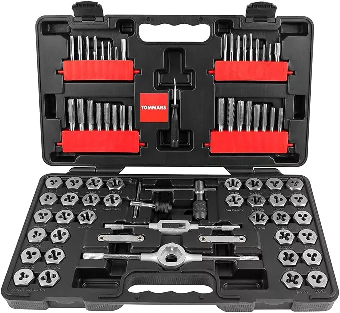 TOMMARS 75-Pc Tap and Die Set, SAE & Metric Hex Thread Taps Dies Wrench Metric Sizes M3 to M12 & Standard Sizes #4 to 1/2" Type NC NF NPT