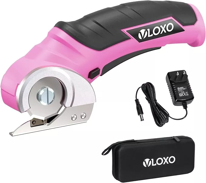VLOXO Cardboard Cutter, Cordless Electric Scissors for Leather with Safety Lock, Box Cutter Electric Multi-Cutting Tools Rechargeable Powerful Scissors for Canvas Leather Plastic with Storage Box Pink
