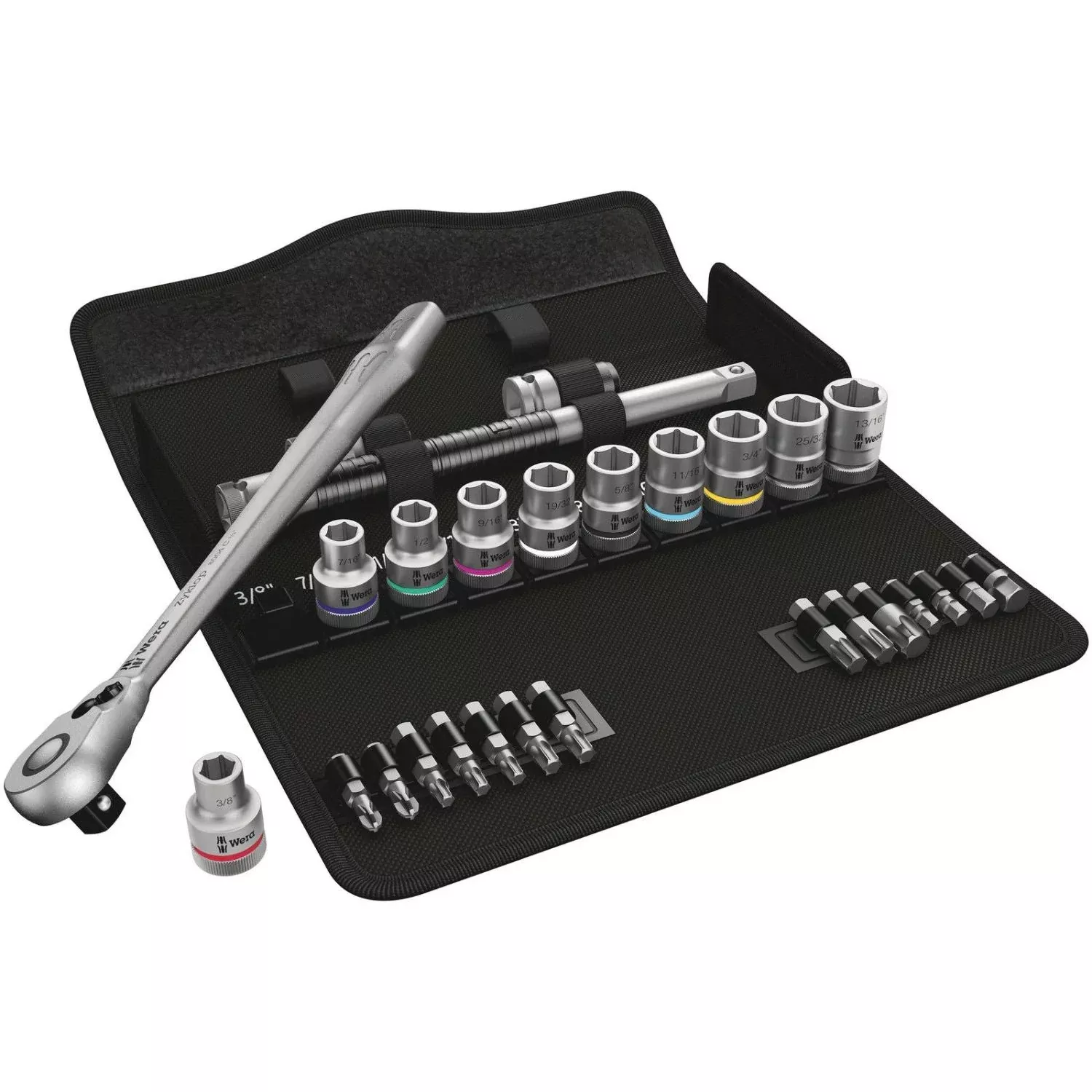 Wera 8100 Sc 11 Zyklop Metal Ratchet Set With Switch Lever, 1/2-in. Drive, Imperial, 28-Pieces