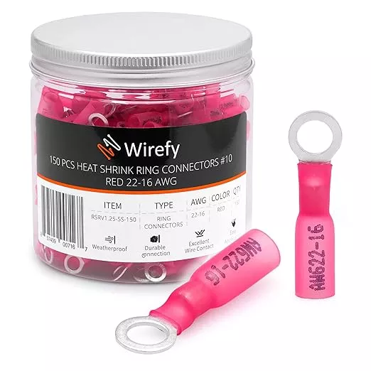 Wirefy 150 PCS Heat Shrink Ring Terminals #10 - a Resistant Ring Connectors - Eyelet Wire Connectors - Red 22-16 AWG