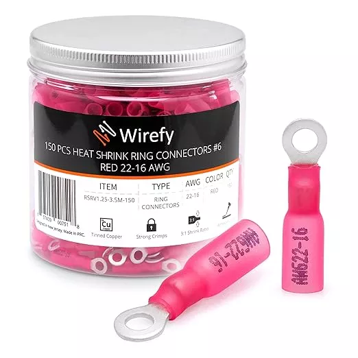 Wirefy 150 PCS Heat Shrink Ring Terminals #6 - a Resistant Ring Connectors - Eyelet Wire Connectors - Red 22-16 AWG