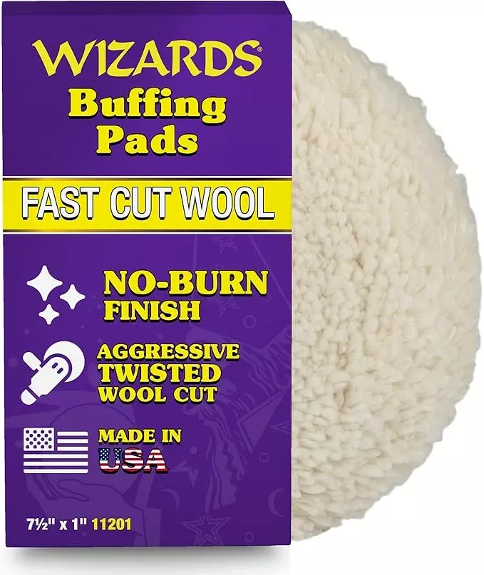 Wizards Fast Cut Wool Buffing Pad - Twisted Wool and Velcro-Backed Wax Applicator Pad - for Auto Detailing, Cleaning and Protection - Aggressively Cuts Without Burning Paint - 7½" x 1"