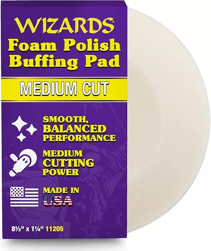 Wizards Foam Polish Buffing Pad - Velcro Backed, Medium Cutting Foam Pad for Car Detailing - No Splatter High Density Foam for Auto Detailing Supplies - 8½" x 1¼"