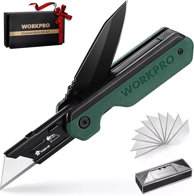 WORKPRO 2-in-1 Folding Knife/Utility Knife, Quick-Change Box Cutter with Belt Clip, Liner Lock, and G10 Handle, Extra 10 SK5 Blades Included, Blue