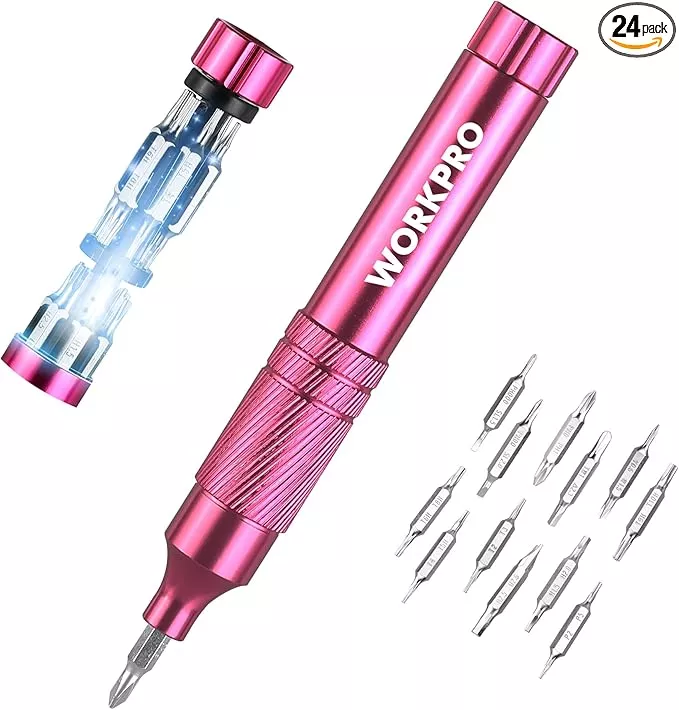 WORKPRO 24 in 1 Multi Bit Mini Screwdriver Set Magnetic, Manual Pen Screwdrivers, Tough S2 Steel Small Screwdriver Bits for Eyeglass, Watch, Laptop, Phone, Jewelry and Electronic, Pink