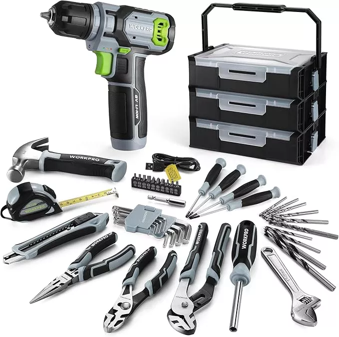 WORKPRO 43PCS Cordless Lithium-ion Drill Driver & Toolbox, 8V 2.0 Ah Power Drill Set with Household Hand Tool Kit, Battery Powered Screwdriver with Stackable Tool Box
