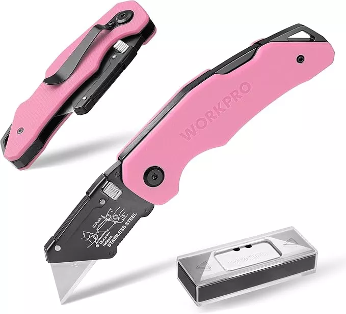 WORKPRO Folding Utility Knife G10 Handle with Stainless Steel Head, Quick-change Blade & Back Lock, Heavy Duty Box Cutter, 1PC Razor Knife with Extra 10PC SK5 Blades
