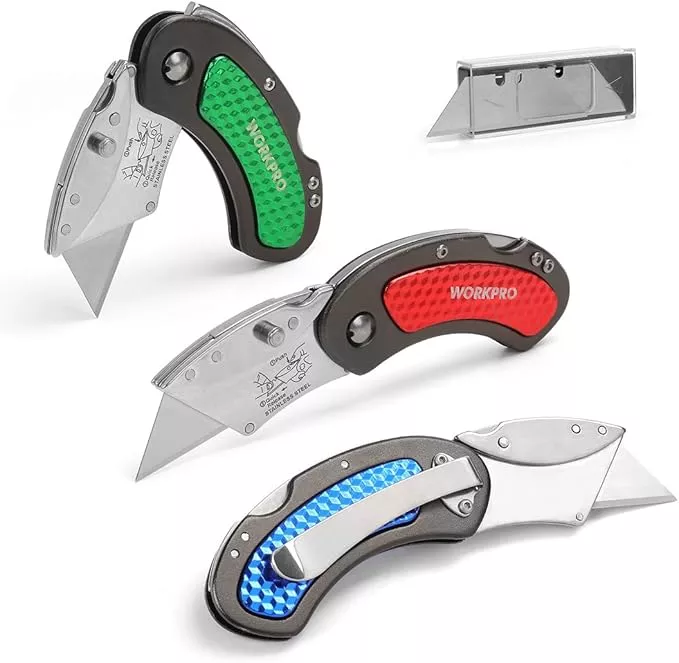 WORKPRO Folding Utility Knife Set Quick Change Blade, Back-lock Mechanism 3-piece with 10-piece Extra Blades