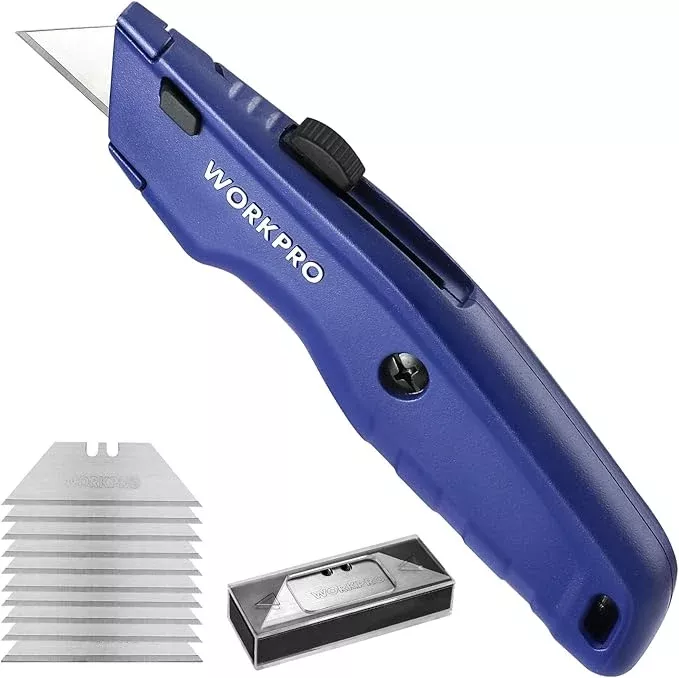 WORKPRO Premium Utility Knife, Retractable All Metal Heavy Duty Box Cutter, Quick Change Blade Razor Knife, with 10 Extra Blades, Set of 3 (Black, Red, Blue)