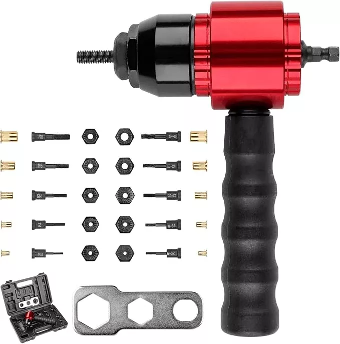 YUZES Rivet Nut Tool Rivet Nut Kit, Rivet Nut Gun Adapter Compatible with Cordless Drill & Ratchet Wrench, Newly Labor-Saving Rivnut Tool with 10 Mandrels & 50 Rivet Nuts, Rugged Carrying Case
