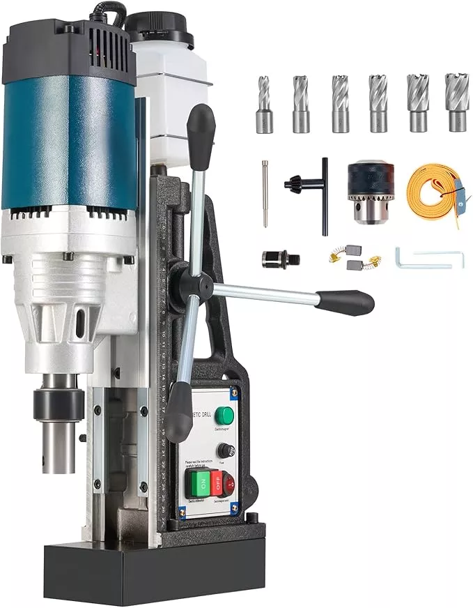 ZELCAN 1200W Mag Drill Press, Portable Magnetic Drill Press with 2" Boring Diameter, Heavy Duty Magnetic Drill with 6 Drill Bits, 2920 lbf 500 rpm Electric Drilling Machine with All-Copper Motor